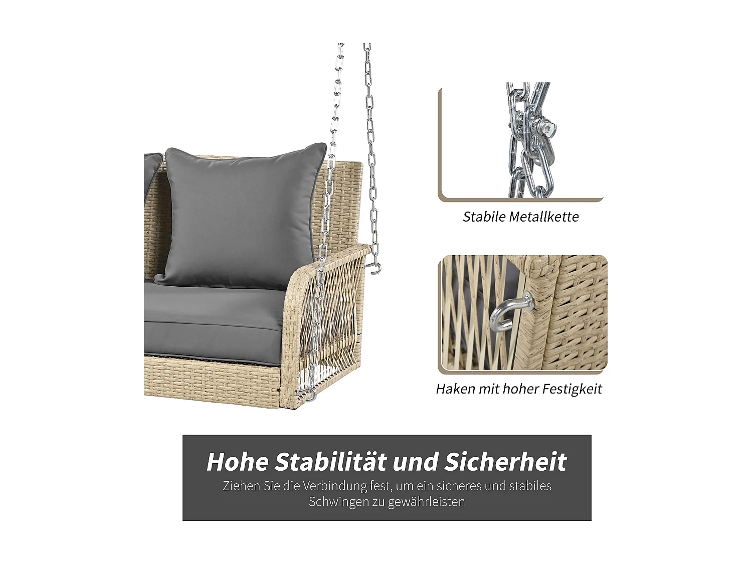 Fauteuil suspendu 114 cm en rotin PE - 2 Places - Coussin d'assise rembourrage 11 cm - Beige + gris