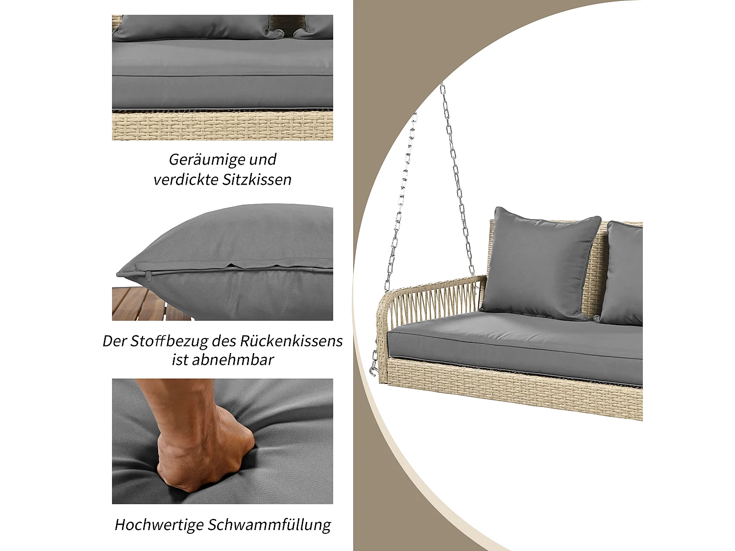 Fauteuil suspendu 114 cm en rotin PE - 2 Places - Coussin d'assise rembourrage 11 cm - Beige + gris