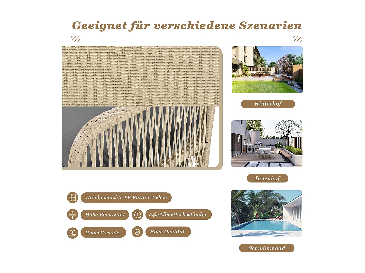 Fauteuil suspendu 114 cm en rotin PE - 2 Places - Coussin d'assise rembourrage 11 cm - Beige + gris