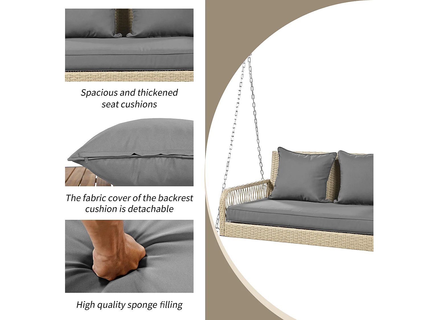 Fauteuil suspendu 114 cm en rotin PE - 2 Places - Coussin d'assise rembourrage 11 cm - Beige + gris