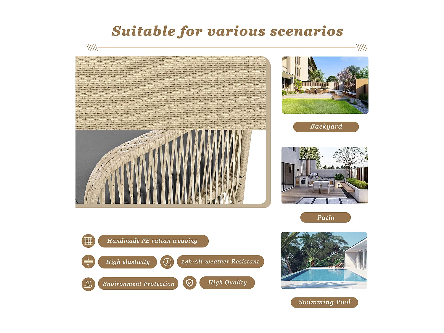 Fauteuil suspendu 114 cm en rotin PE - 2 Places - Coussin d'assise rembourrage 11 cm - Beige + gris