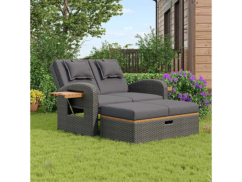 Salon de jardin en résine tressée gris 2 places - Dossier réglable - Coussin de dossier et d'assise + table basse multifonctionnel