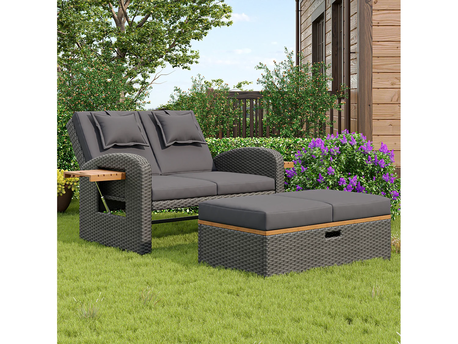 Salon de jardin en résine tressée gris 2 places - Dossier réglable - Coussin de dossier et d'assise + table basse multifonctionnel