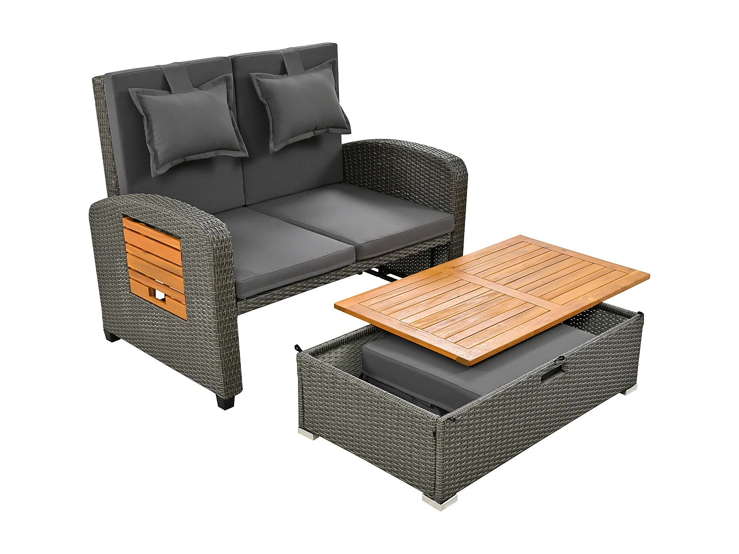 Salon de jardin en résine tressée gris 2 places - Dossier réglable - Coussin de dossier et d'assise + table basse multifonctionnel