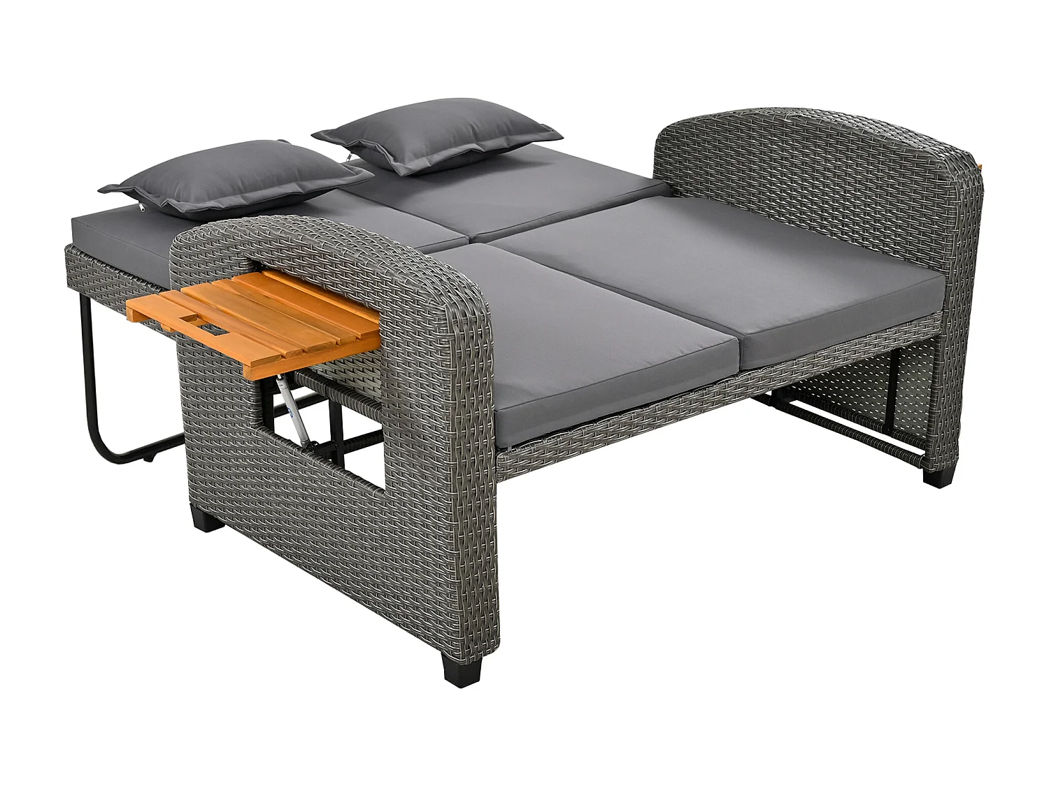 Salon de jardin en résine tressée gris 2 places - Dossier réglable - Coussin de dossier et d'assise + table basse multifonctionnel