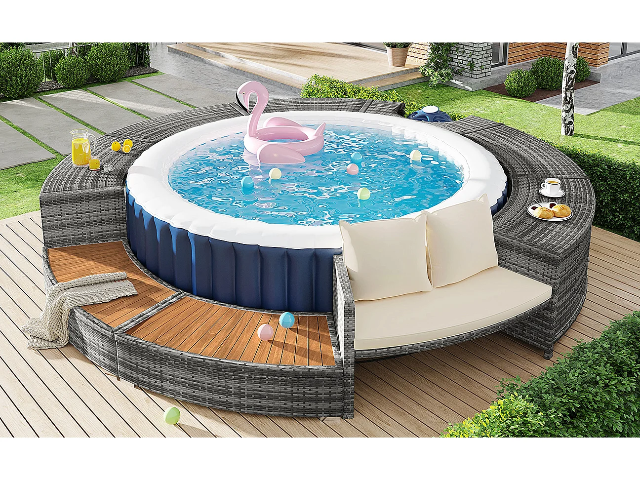 Estructura de spa gris de resina trenzada y madera de acacia - L 283 cm - con sofá y cojines incluidos - espacio de almacenamiento - Gris