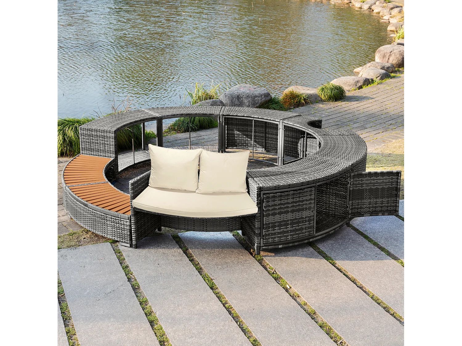 Cadre pour spa gris en résine tressé et bois d'acacia - L 283 cm - avec canapé et coussins inclus - espace de rangement - Gris