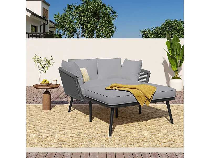 Sofá de jardín de 2 plazas con cojines de asiento y respaldo - Poliéster y acero - para exterior - gris