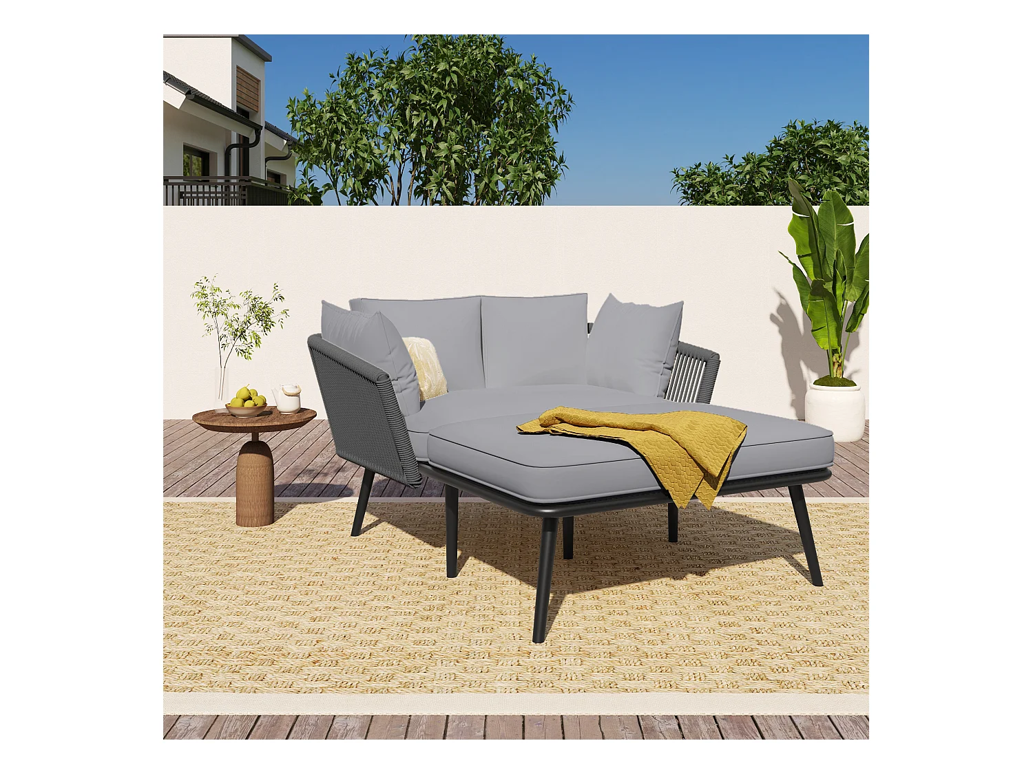 Canapé de jardin 2 places avec coussins d'assises et de dossier - Polyster et acier - pour extérieur - gris