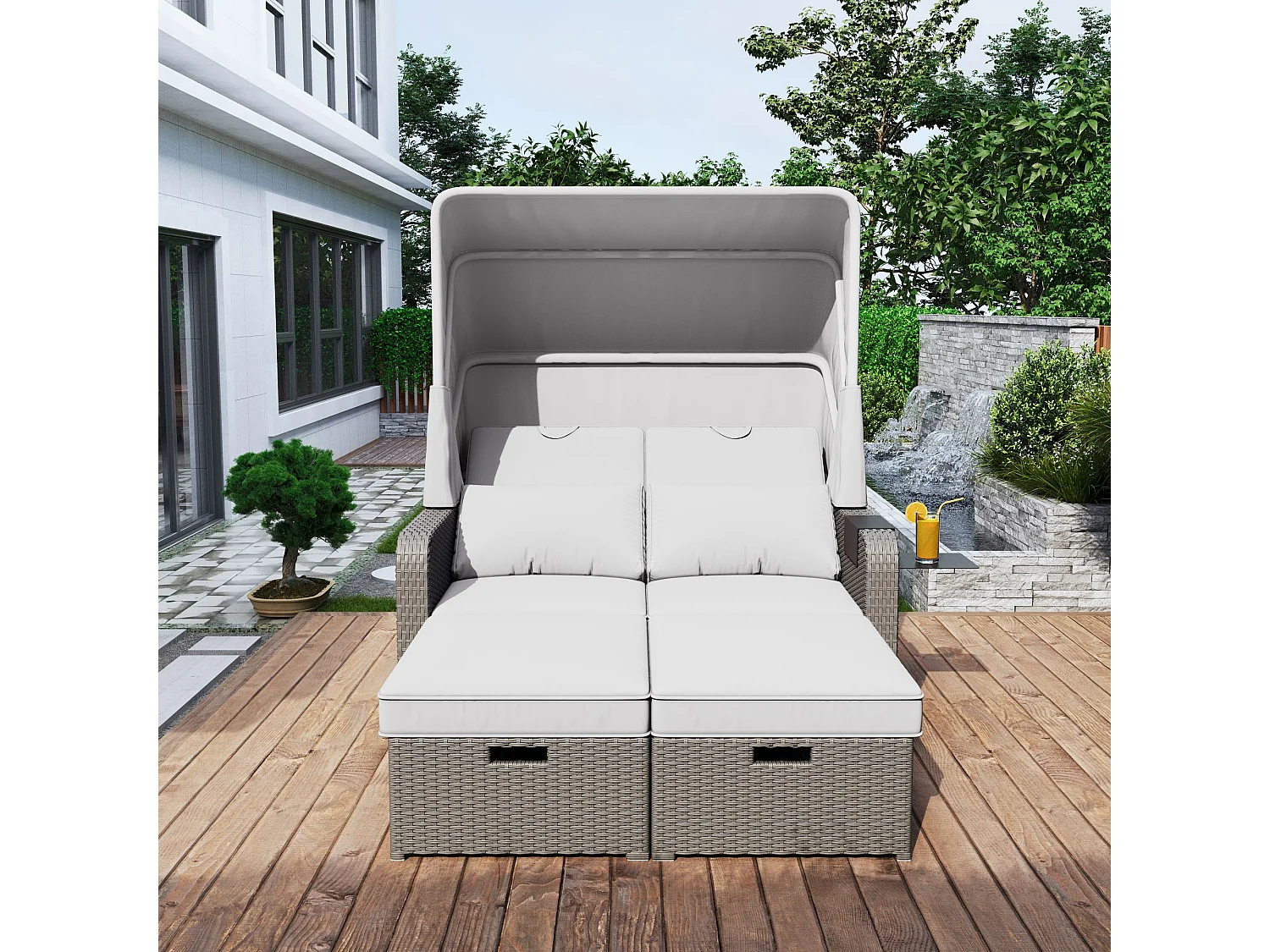 Canapé de jardin 2 place en résine tressé anti-UV - Pare-soleil pliable - Canapé lounge - Coloris kaki