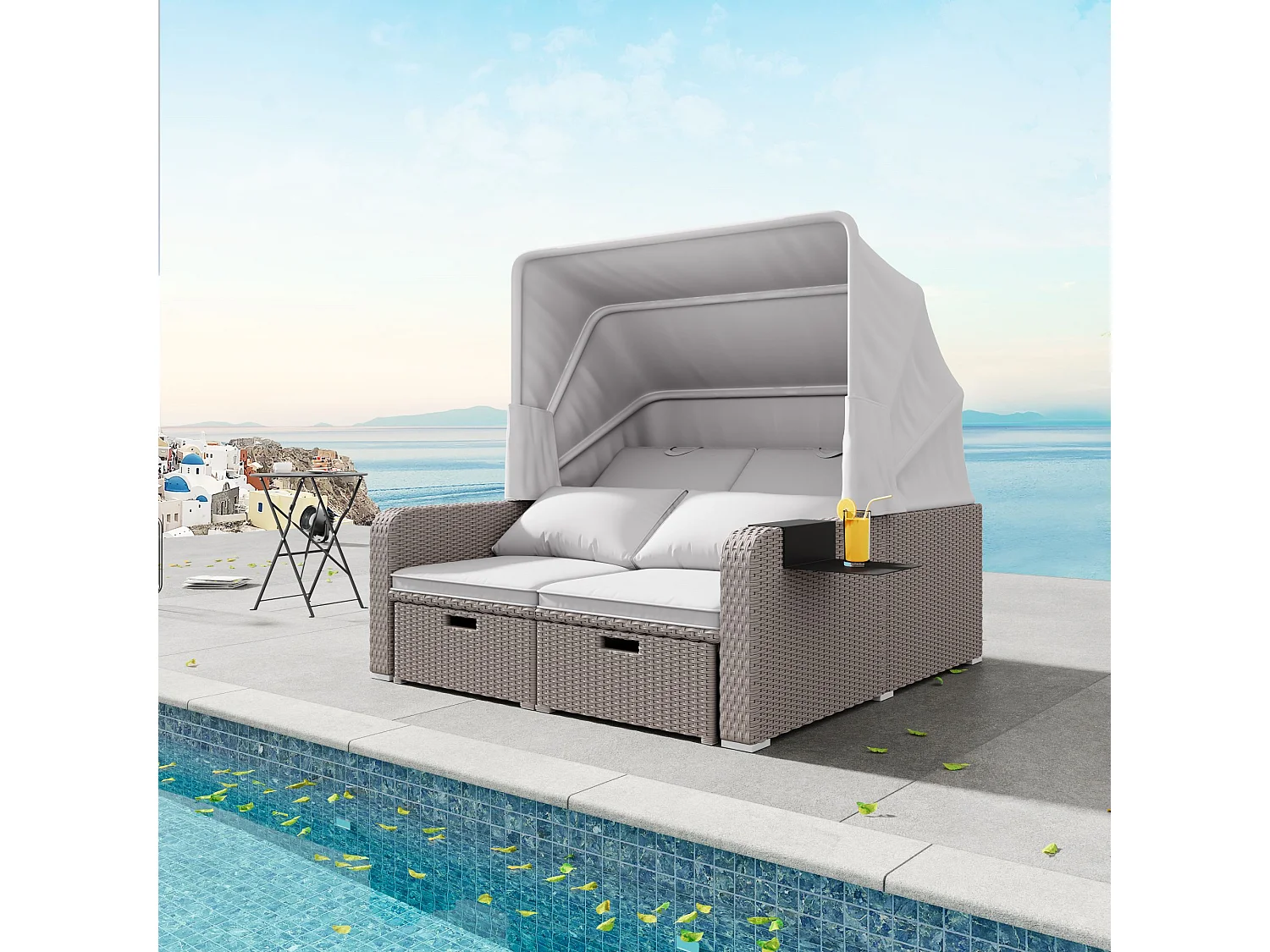 Canapé de jardin 2 place en résine tressé anti-UV - Pare-soleil pliable - Canapé lounge - Coloris kaki