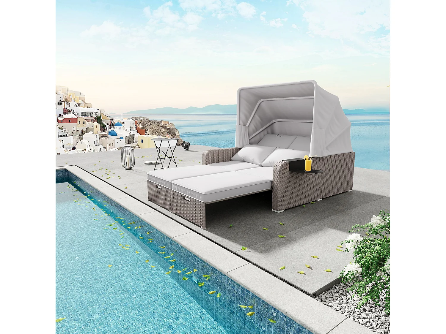 Canapé de jardin 2 place en résine tressé anti-UV - Pare-soleil pliable - Canapé lounge - Coloris kaki