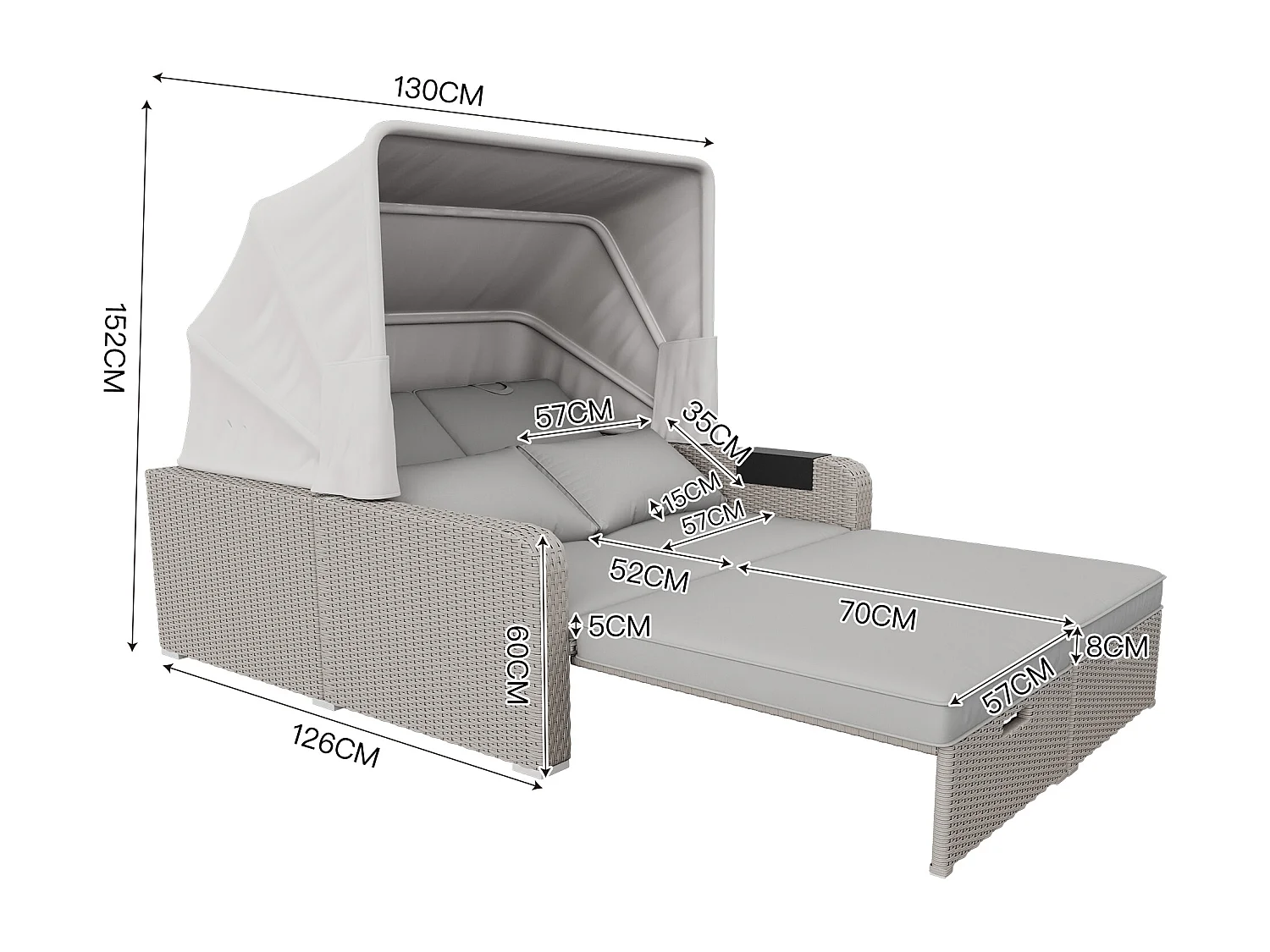 Canapé de jardin 2 place en résine tressé anti-UV - Pare-soleil pliable - Canapé lounge - Coloris kaki