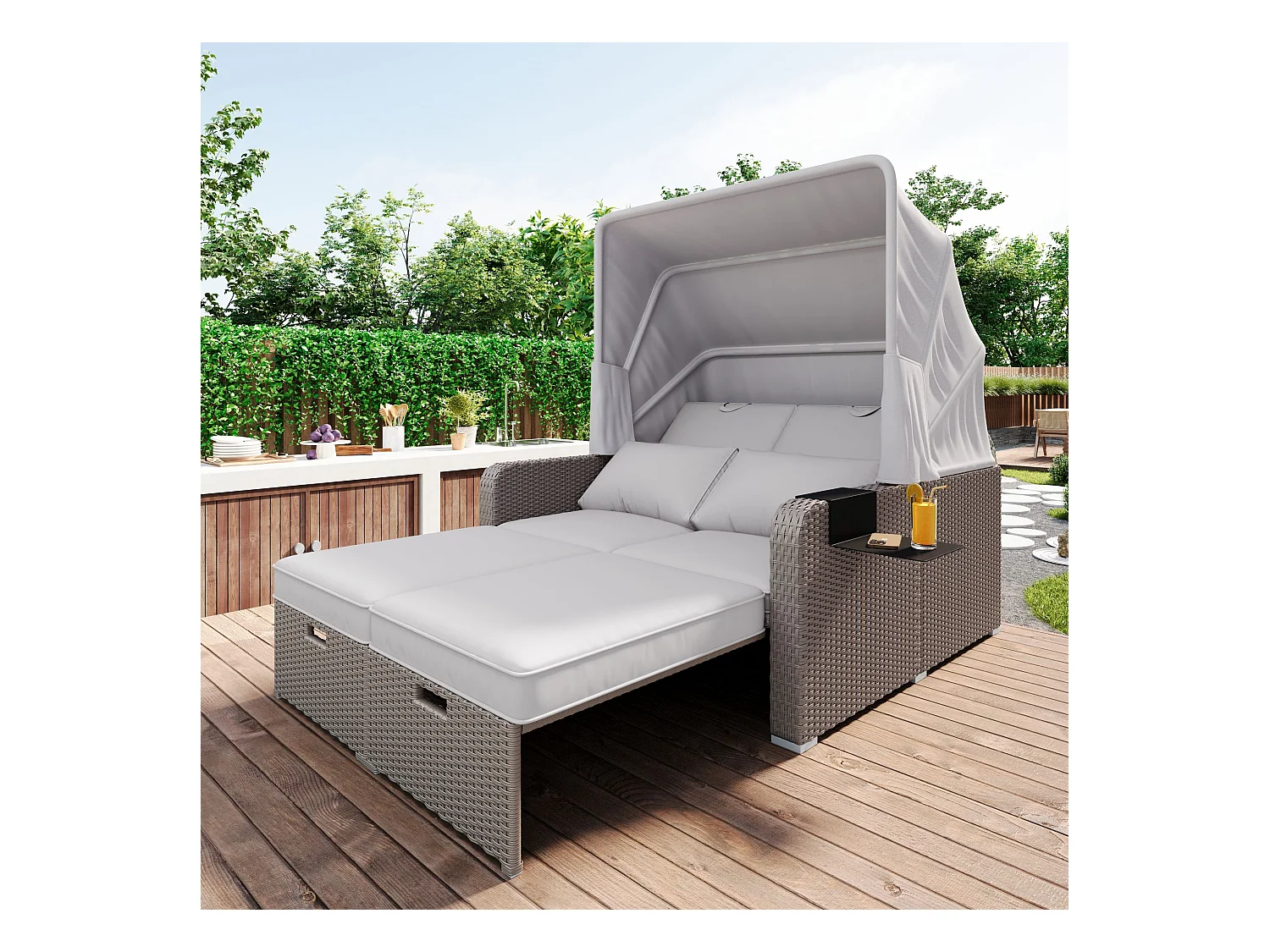 Canapé de jardin 2 place en résine tressé anti-UV - Pare-soleil pliable - Canapé lounge - Coloris kaki
