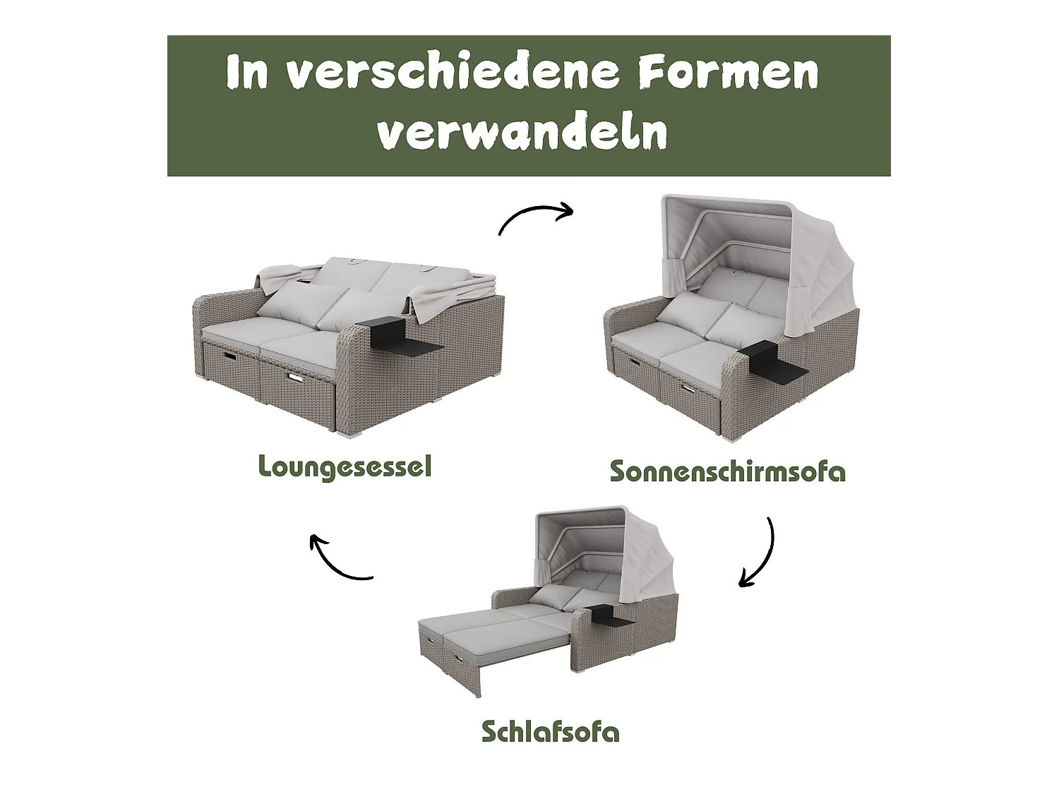 Canapé de jardin 2 place en résine tressé anti-UV - Pare-soleil pliable - Canapé lounge - Coloris kaki