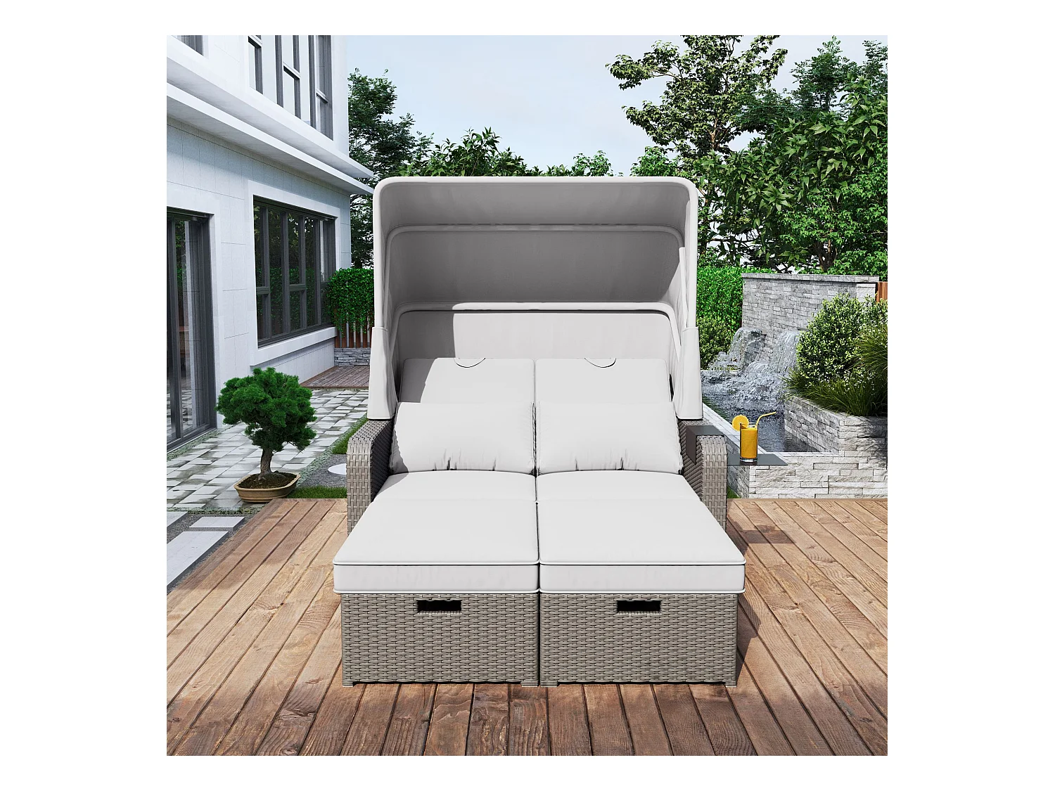 Canapé de jardin 2 place en résine tressé anti-UV - Pare-soleil pliable - Canapé lounge - Coloris kaki