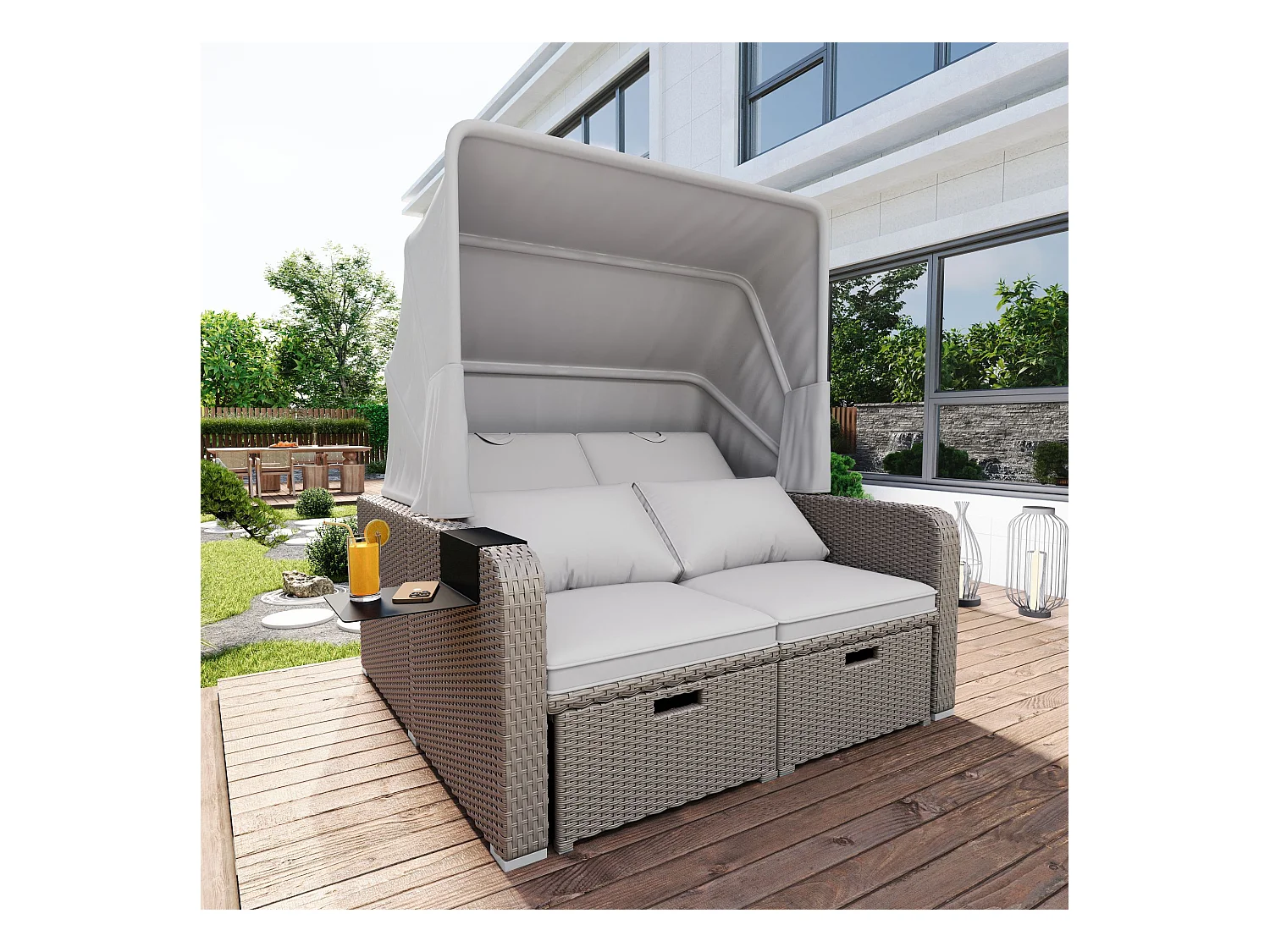 Canapé de jardin 2 place en résine tressé anti-UV - Pare-soleil pliable - Canapé lounge - Coloris kaki