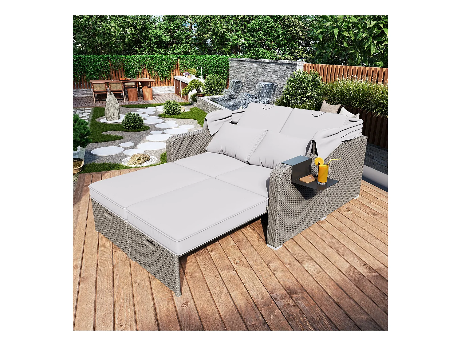 Canapé de jardin 2 place en résine tressé anti-UV - Pare-soleil pliable - Canapé lounge - Coloris kaki