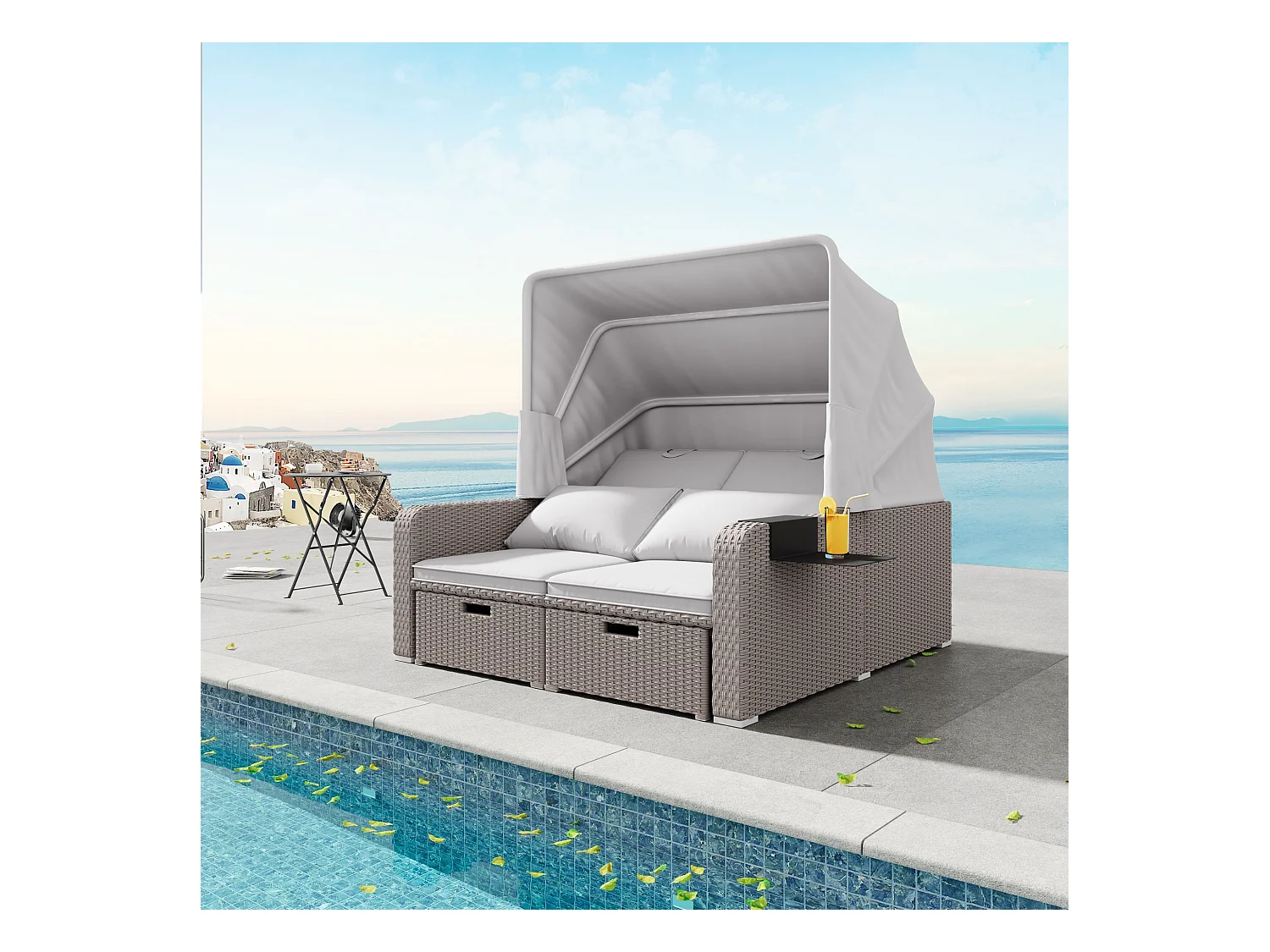 Canapé de jardin 2 place en résine tressé anti-UV - Pare-soleil pliable - Canapé lounge - Coloris kaki