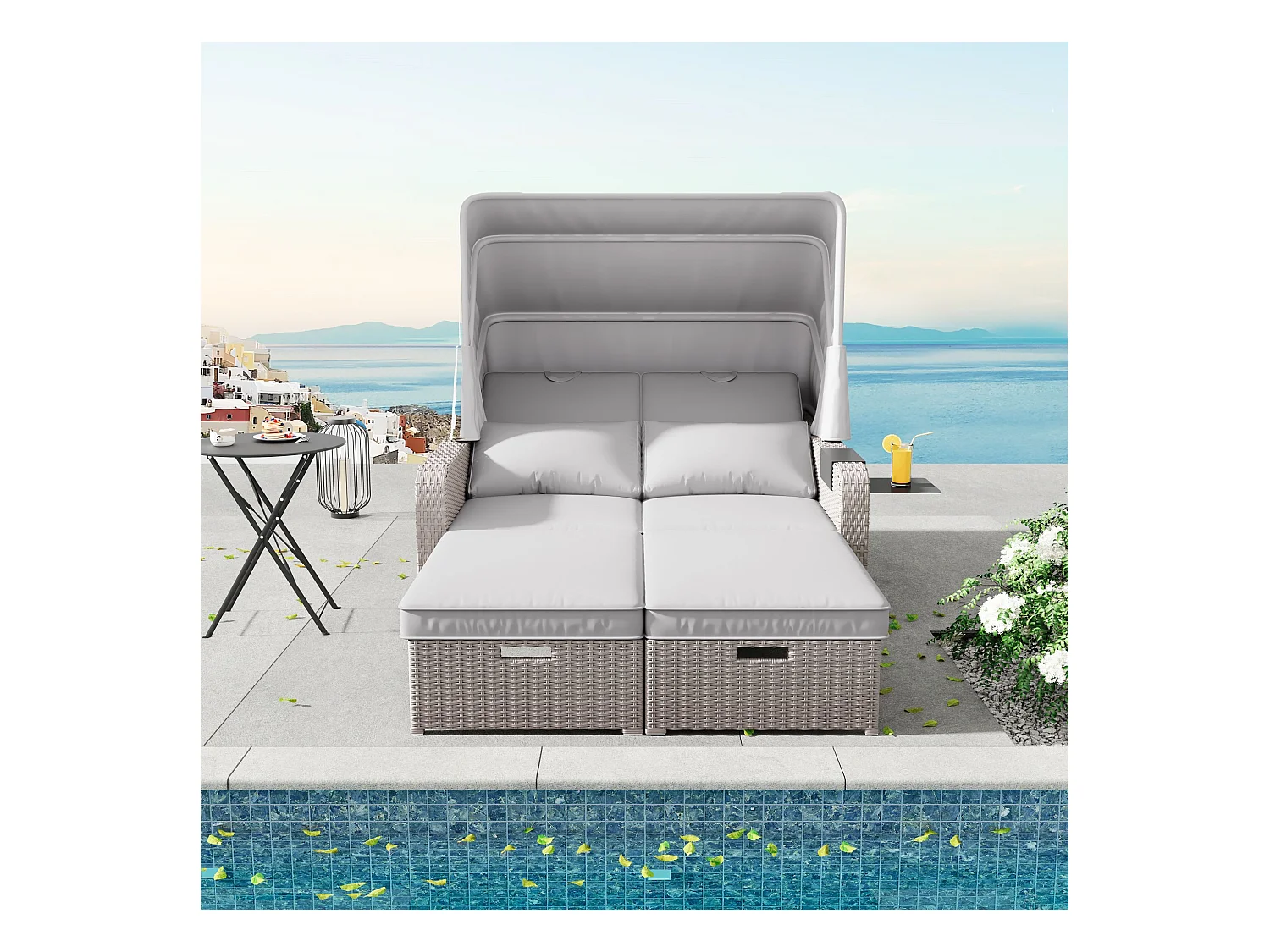 Canapé de jardin 2 place en résine tressé anti-UV - Pare-soleil pliable - Canapé lounge - Coloris kaki