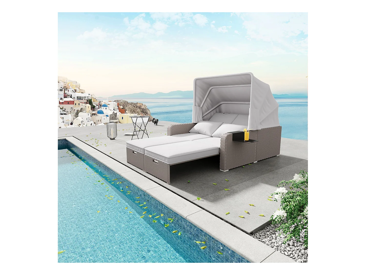 Canapé de jardin 2 place en résine tressé anti-UV - Pare-soleil pliable - Canapé lounge - Coloris kaki