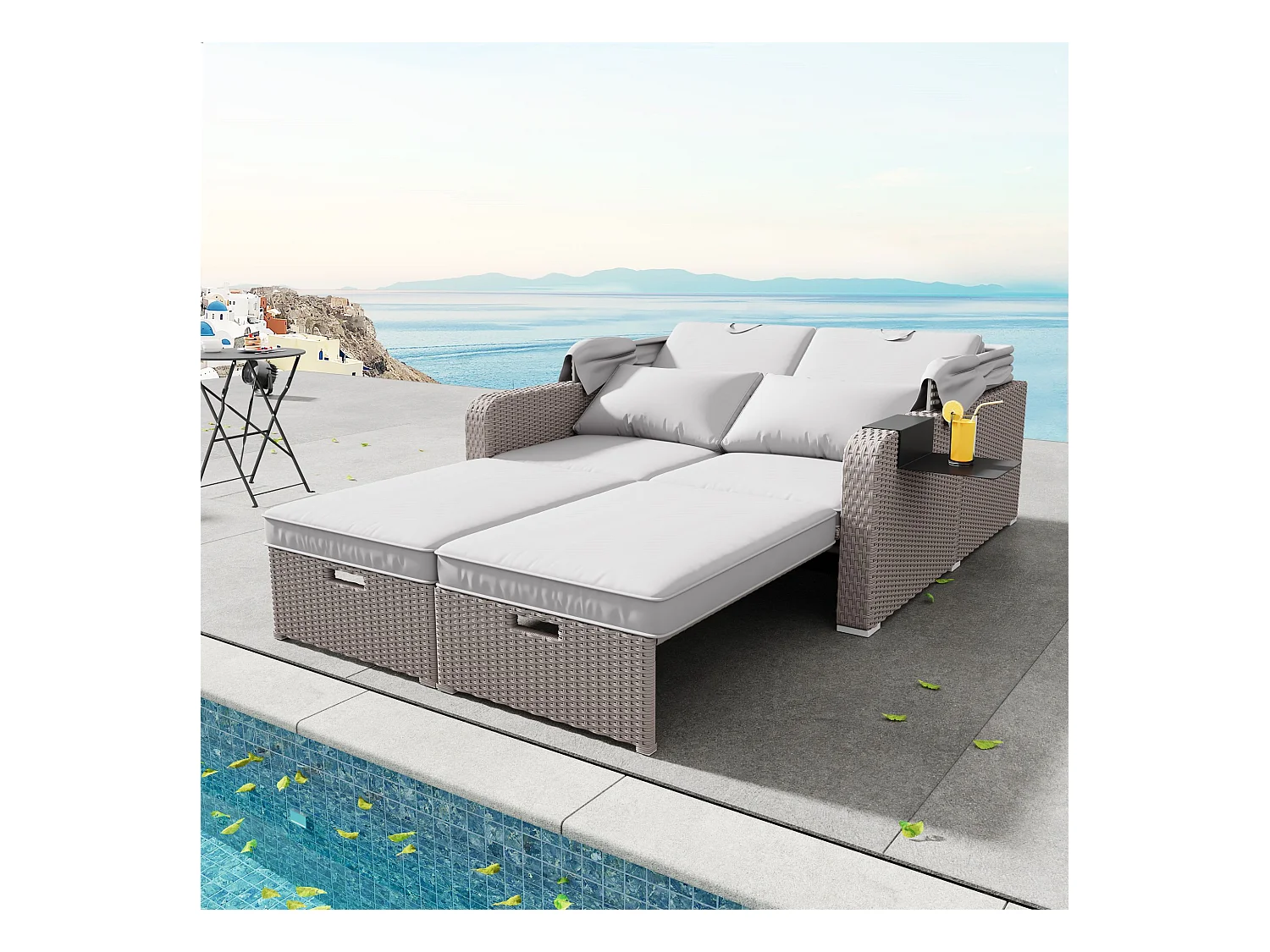 Canapé de jardin 2 place en résine tressé anti-UV - Pare-soleil pliable - Canapé lounge - Coloris kaki