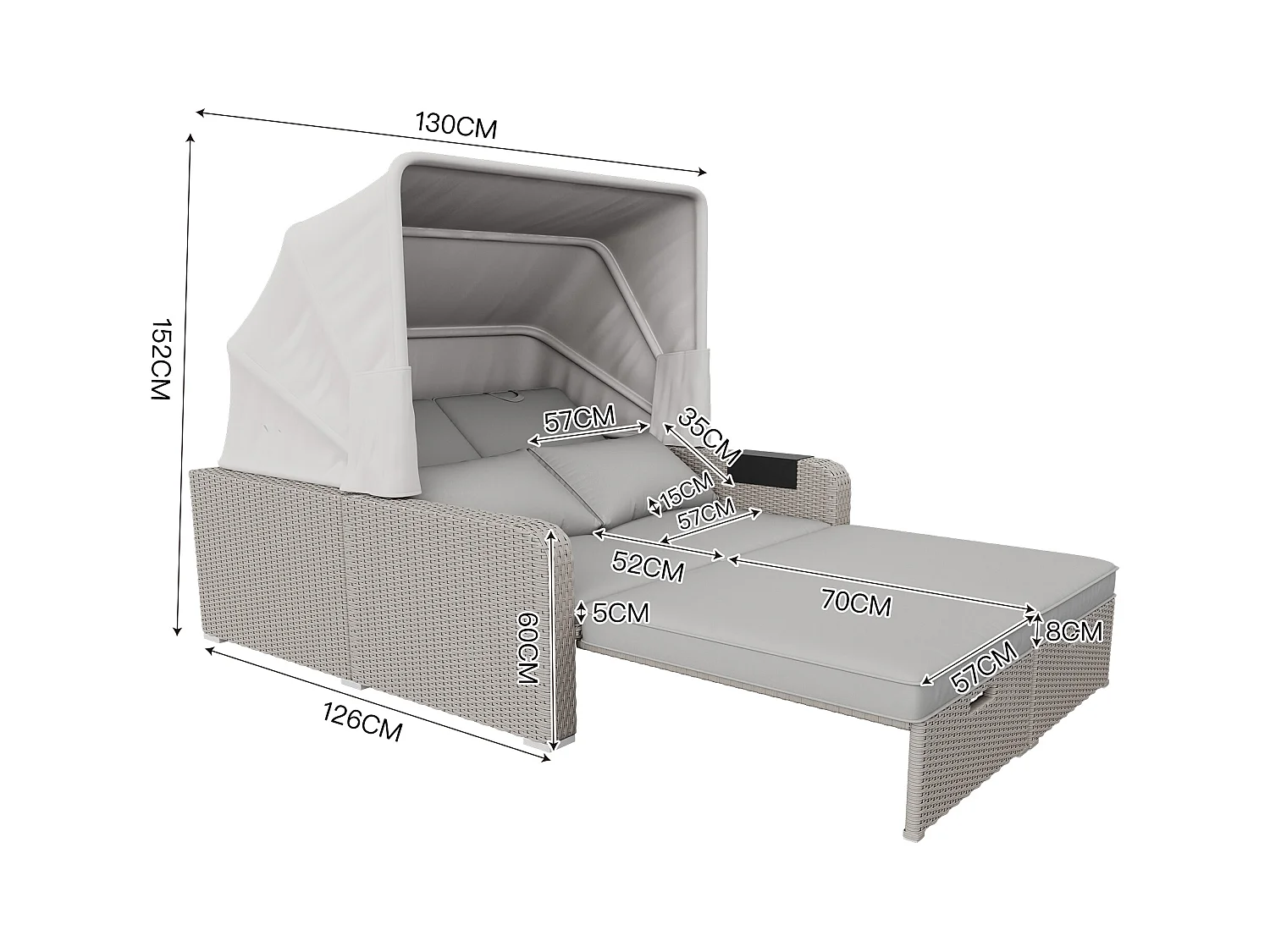 Canapé de jardin 2 place en résine tressé anti-UV - Pare-soleil pliable - Canapé lounge - Coloris kaki