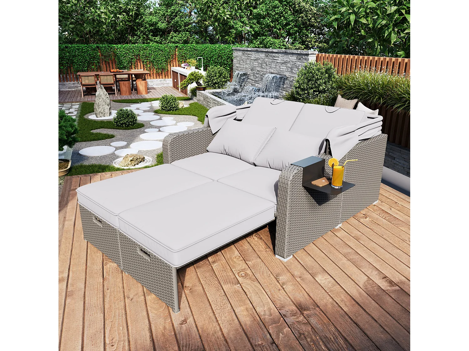 Canapé de jardin 2 place en résine tressé anti-UV - Pare-soleil pliable - Canapé lounge - Coloris kaki