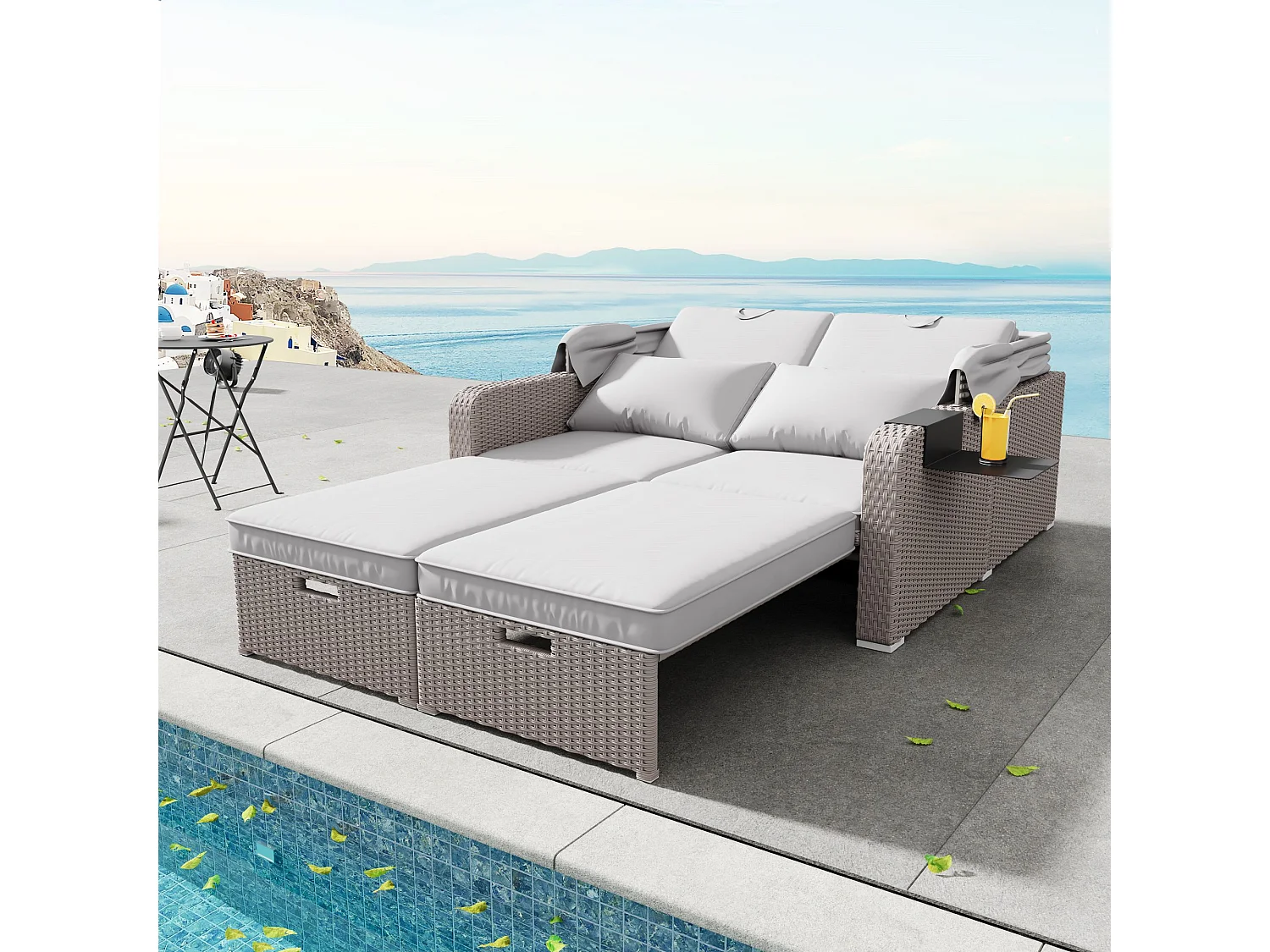 Canapé de jardin 2 place en résine tressé anti-UV - Pare-soleil pliable - Canapé lounge - Coloris kaki