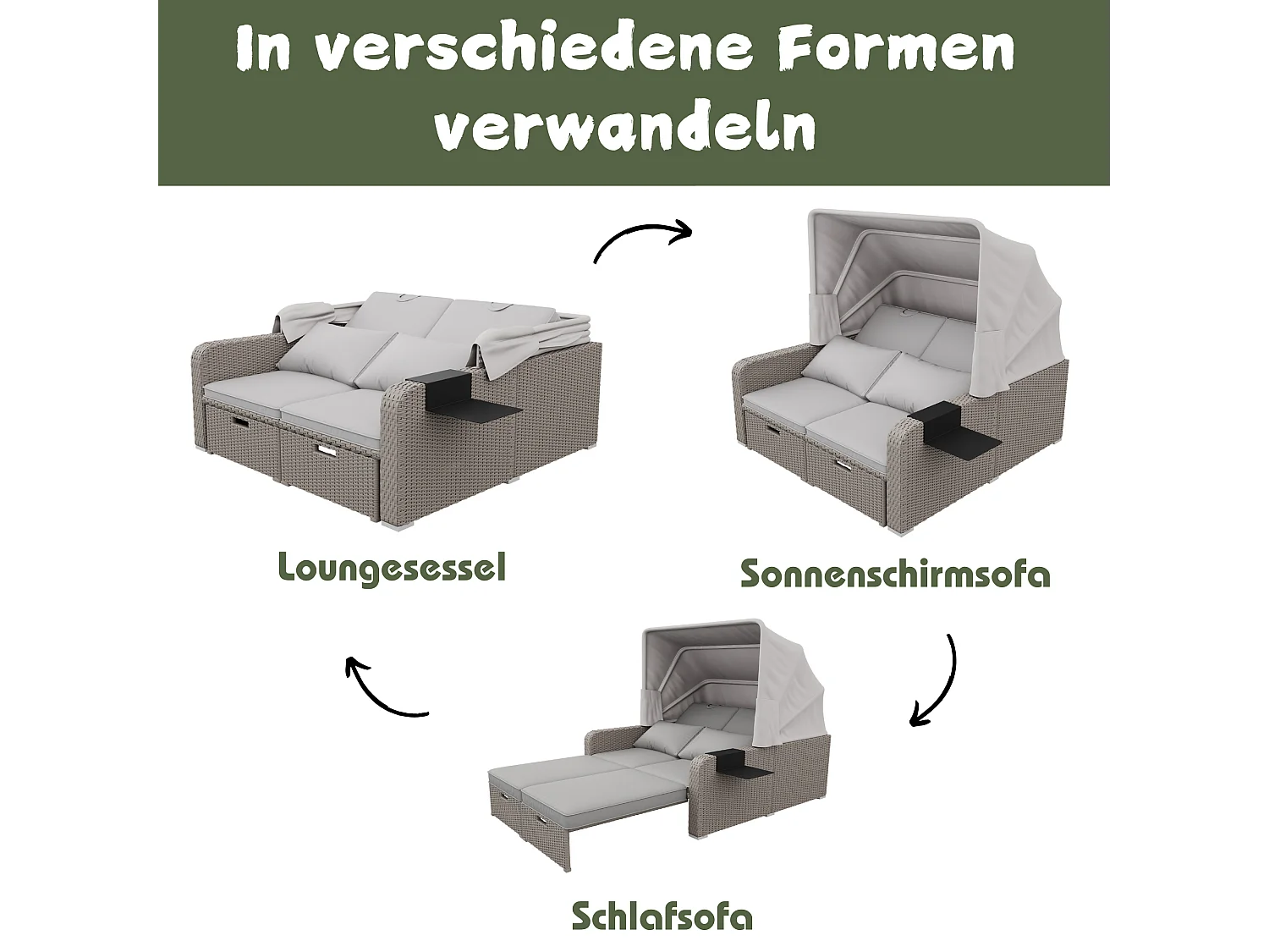2-zits tuinbank in anti-UV geweven hars - Opvouwbaar zonnescherm - Loungebank - Kaki kleur