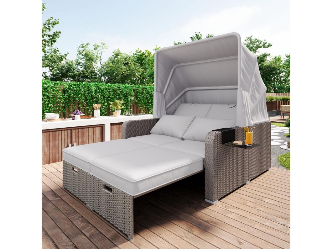 2-zits tuinbank in anti-UV geweven hars - Opvouwbaar zonnescherm - Loungebank - Kaki kleur