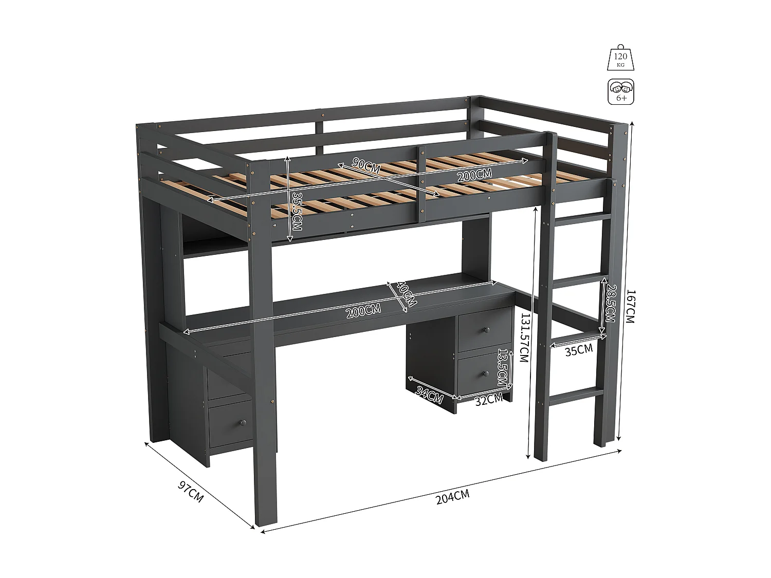 Hochbett 90 x 200 cm mit Schreibtisch, Bücherregal, Schubladen und Leiter, MDF-Holz, Grau