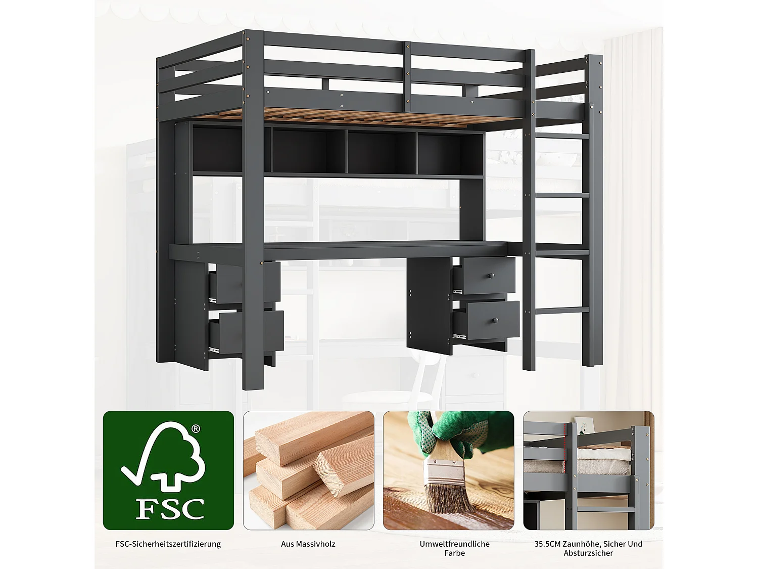 Hochbett 90 x 200 cm mit Schreibtisch, Bücherregal, Schubladen und Leiter, MDF-Holz, Grau
