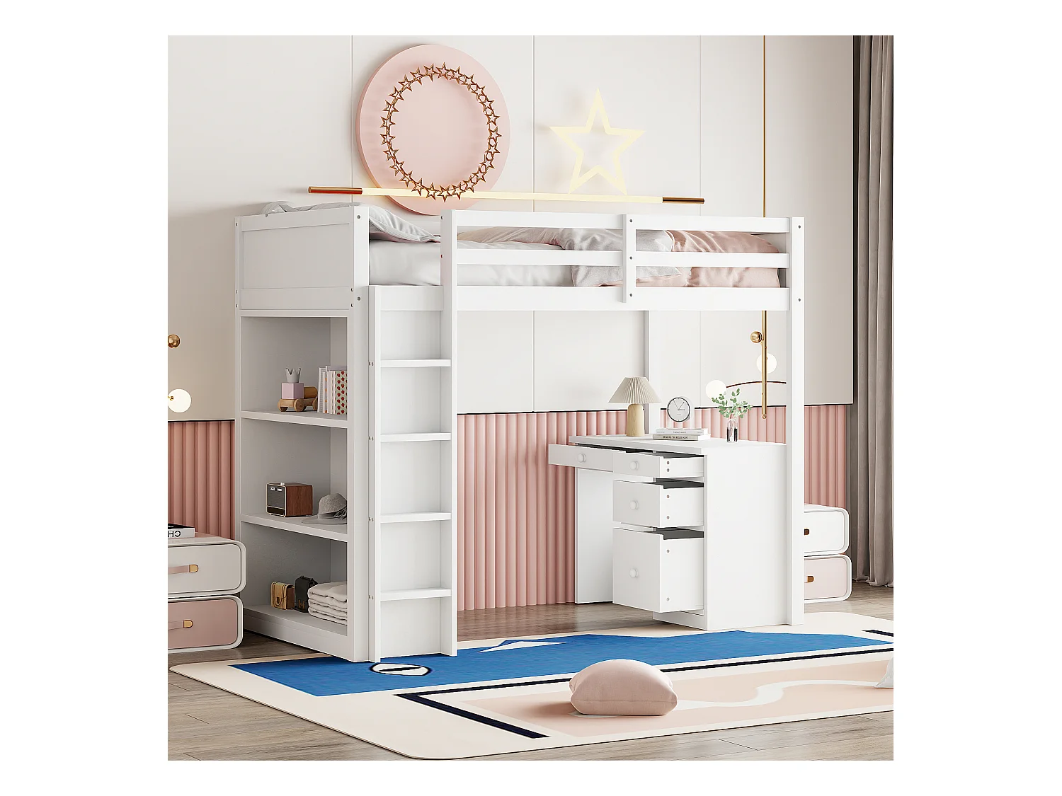 Lit mezzanine 90 x 200 cm avec bureau, étagères de rangement, tiroirs et échelle,  bois MDF, blanc