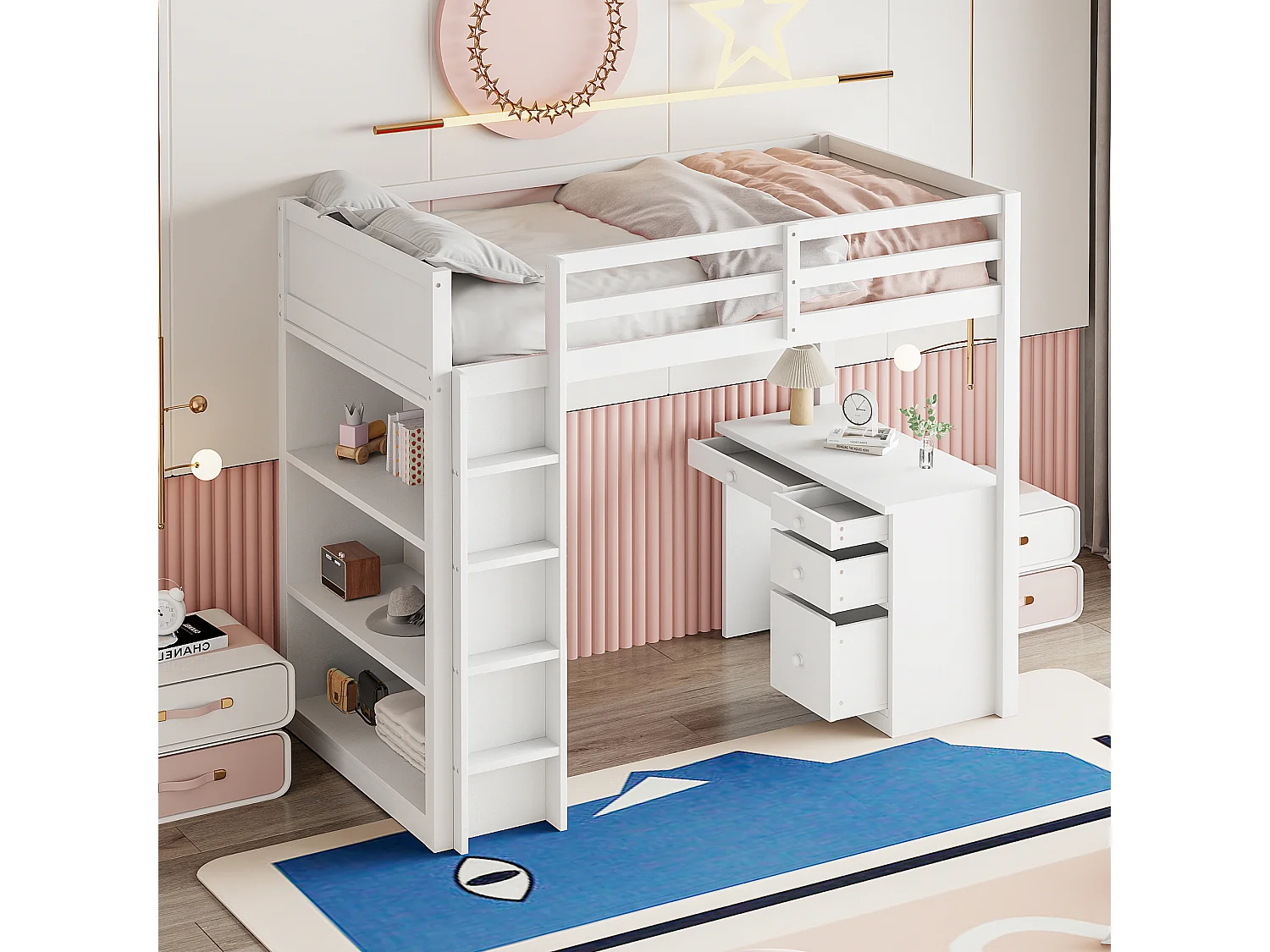 Lit mezzanine 90 x 200 cm avec bureau, étagères de rangement, tiroirs et échelle,  bois MDF, blanc