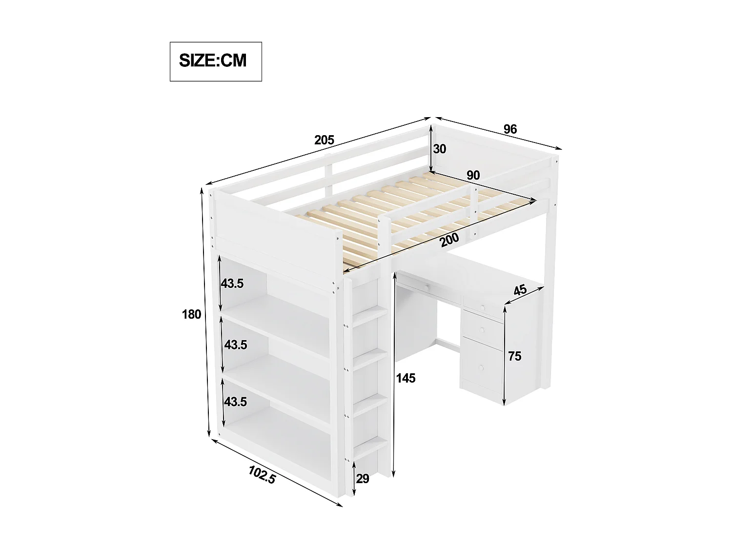 Lit mezzanine 90 x 200 cm avec bureau, étagères de rangement, tiroirs et échelle,  bois MDF, blanc