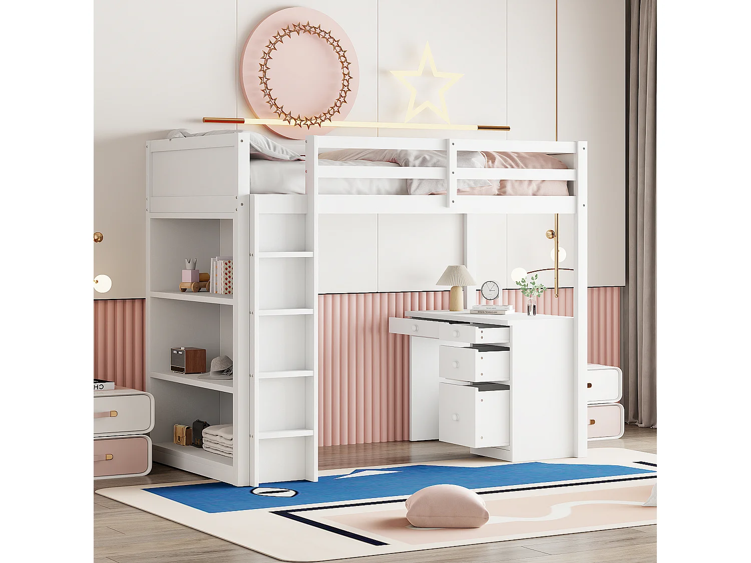 Lit mezzanine 90 x 200 cm avec bureau, étagères de rangement, tiroirs et échelle,  bois MDF, blanc
