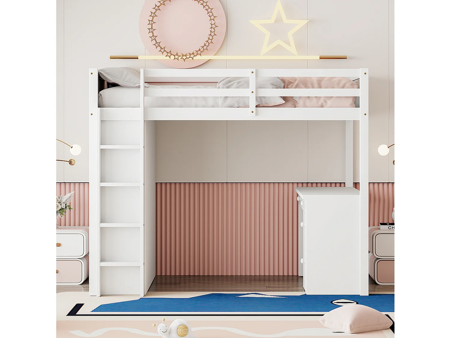 Lit mezzanine 90 x 200 cm avec bureau, étagères de rangement, tiroirs et échelle,  bois MDF, blanc