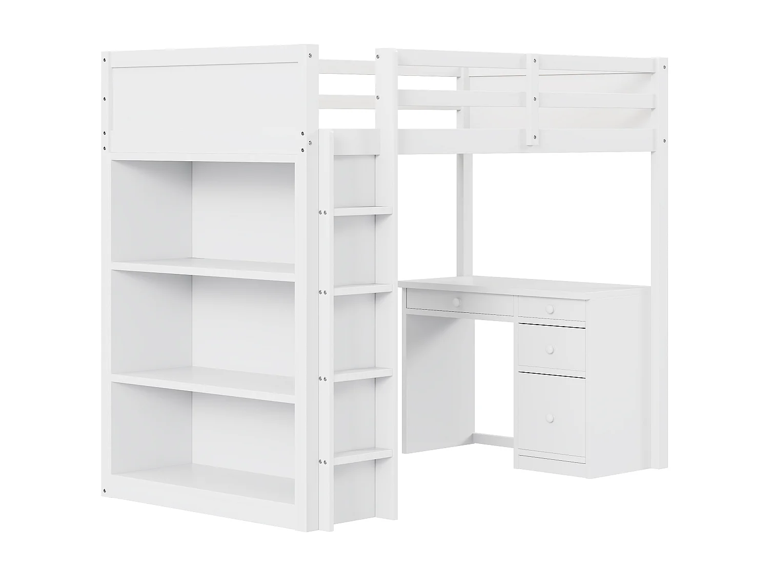Lit mezzanine 90 x 200 cm avec bureau, étagères de rangement, tiroirs et échelle,  bois MDF, blanc