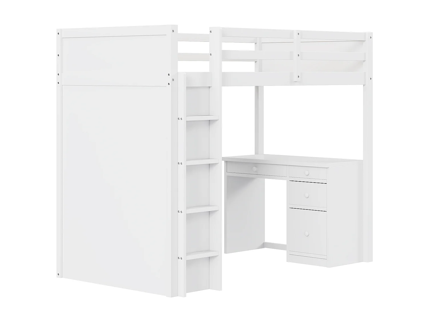 Lit mezzanine 90 x 200 cm avec bureau, étagères de rangement, tiroirs et échelle,  bois MDF, blanc