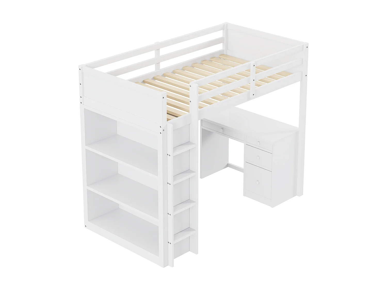Lit mezzanine 90 x 200 cm avec bureau, étagères de rangement, tiroirs et échelle,  bois MDF, blanc
