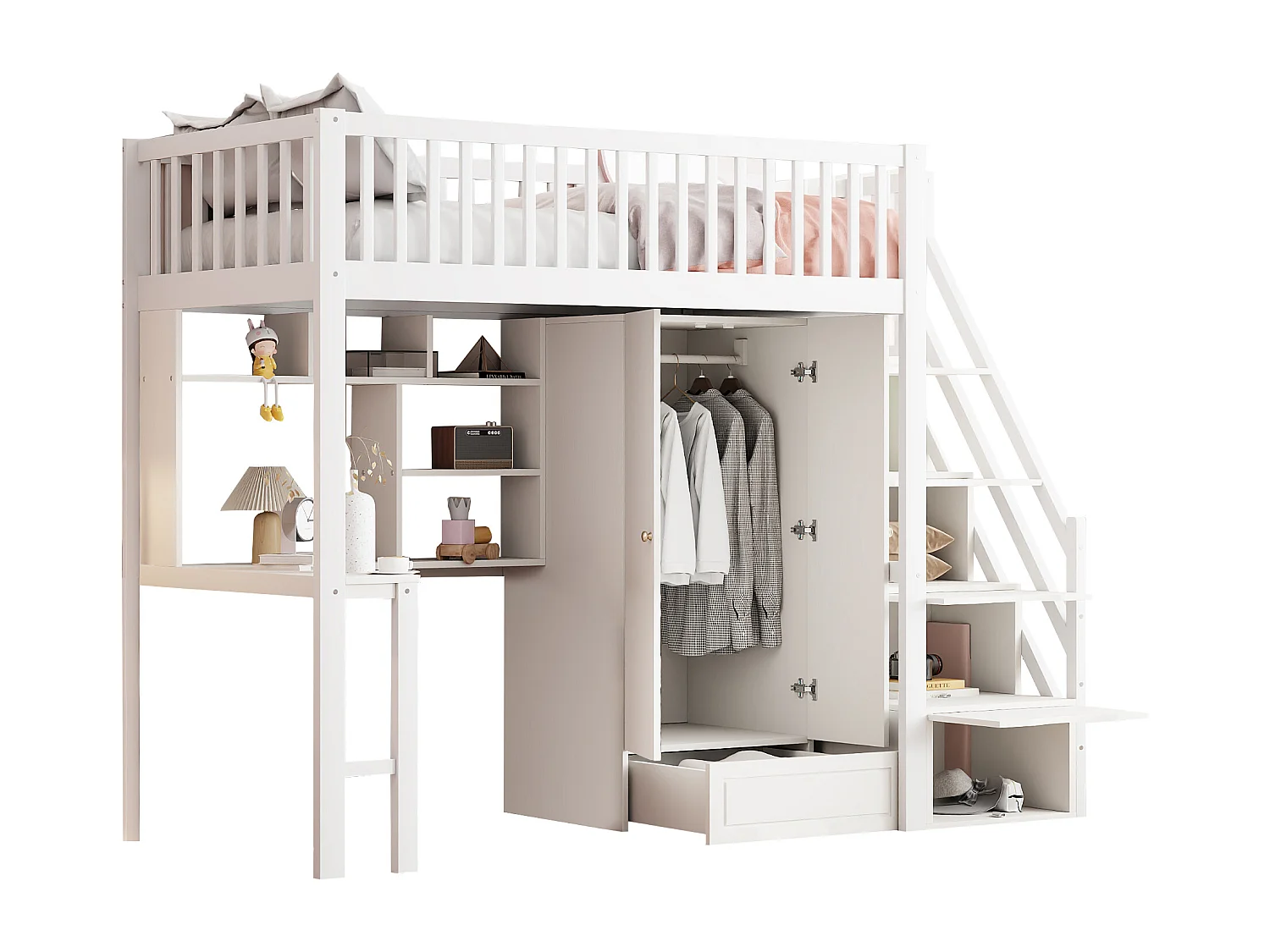 Hochbett 90 x 200 cm mit großem Kleiderschrank, Schreibtisch, Bücherregal, Treppe und Schubladen, alles in einem, MDF-Holz, Weiß