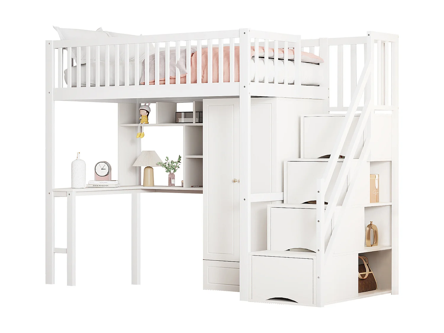 Hochbett 90 x 200 cm mit großem Kleiderschrank, Schreibtisch, Bücherregal, Treppe und Schubladen, alles in einem, MDF-Holz, Weiß