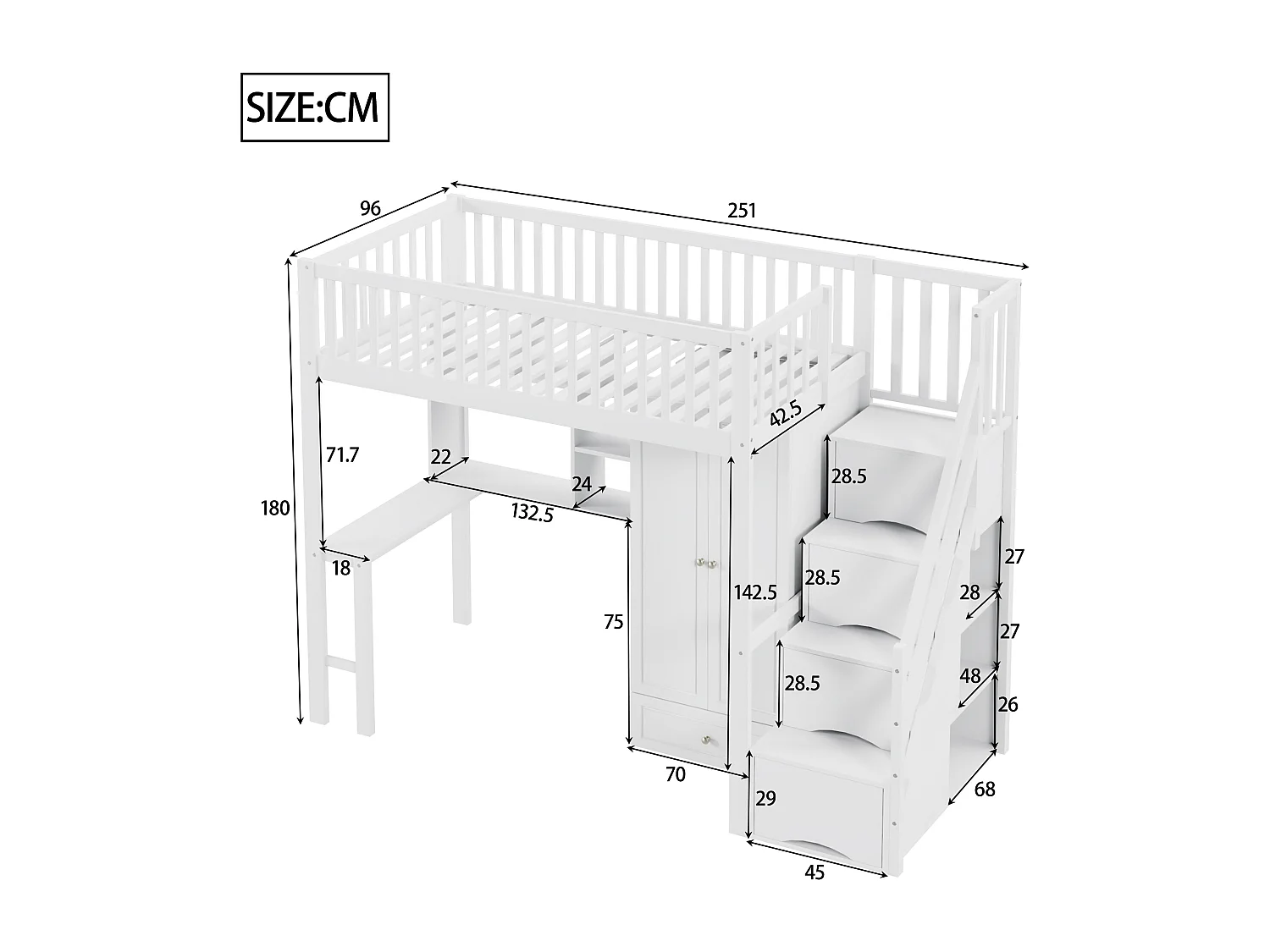 Hochbett 90 x 200 cm mit großem Kleiderschrank, Schreibtisch, Bücherregal, Treppe und Schubladen, alles in einem, MDF-Holz, Weiß