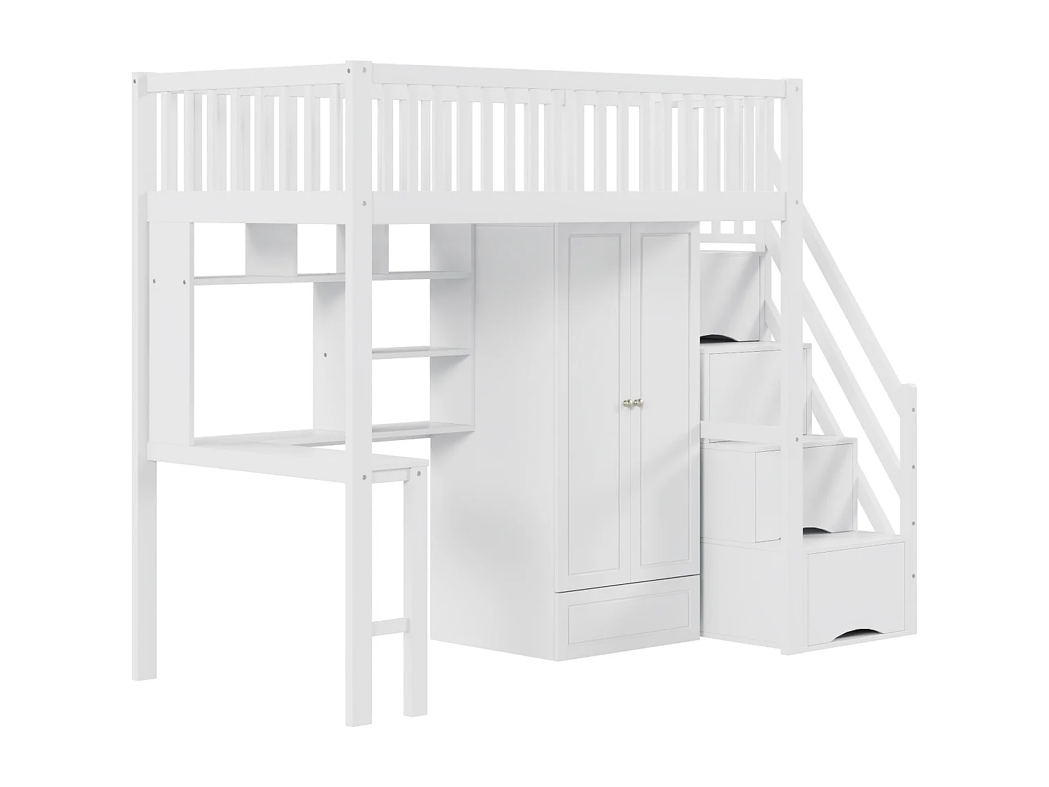 Hochbett 90 x 200 cm mit großem Kleiderschrank, Schreibtisch, Bücherregal, Treppe und Schubladen, alles in einem, MDF-Holz, Weiß