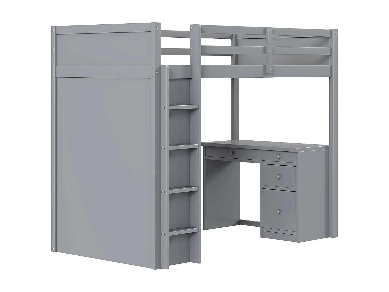 Hochbett 90 x 200 cm mit Schreibtisch, Ablagen, Schubladen und Leiter, MDF-Holz, grau