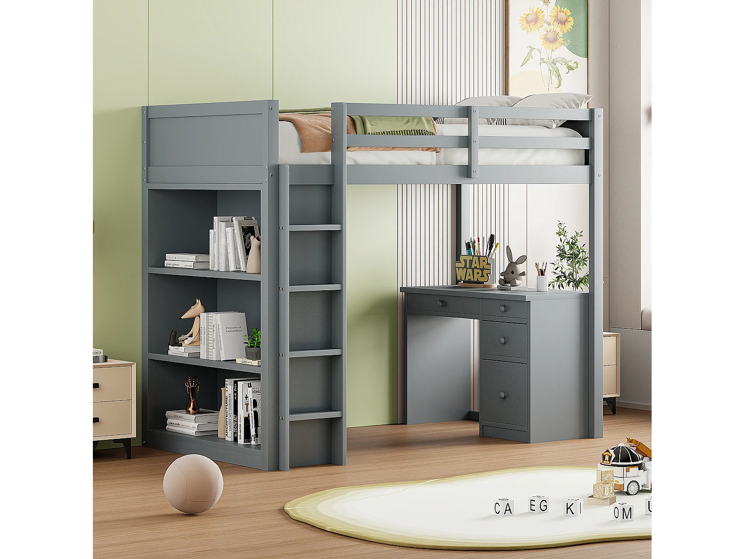 Letto a soppalco 90 x 200 cm con scrivania, ripiani portaoggetti, cassetti e scaletta, legno MDF, grigio