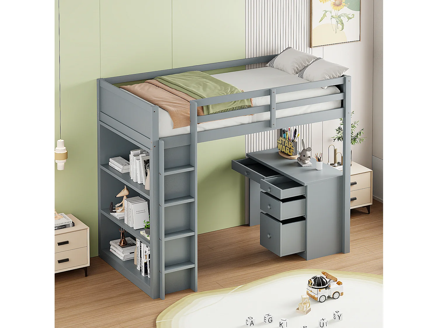 Letto a soppalco 90 x 200 cm con scrivania, ripiani portaoggetti, cassetti e scaletta, legno MDF, grigio