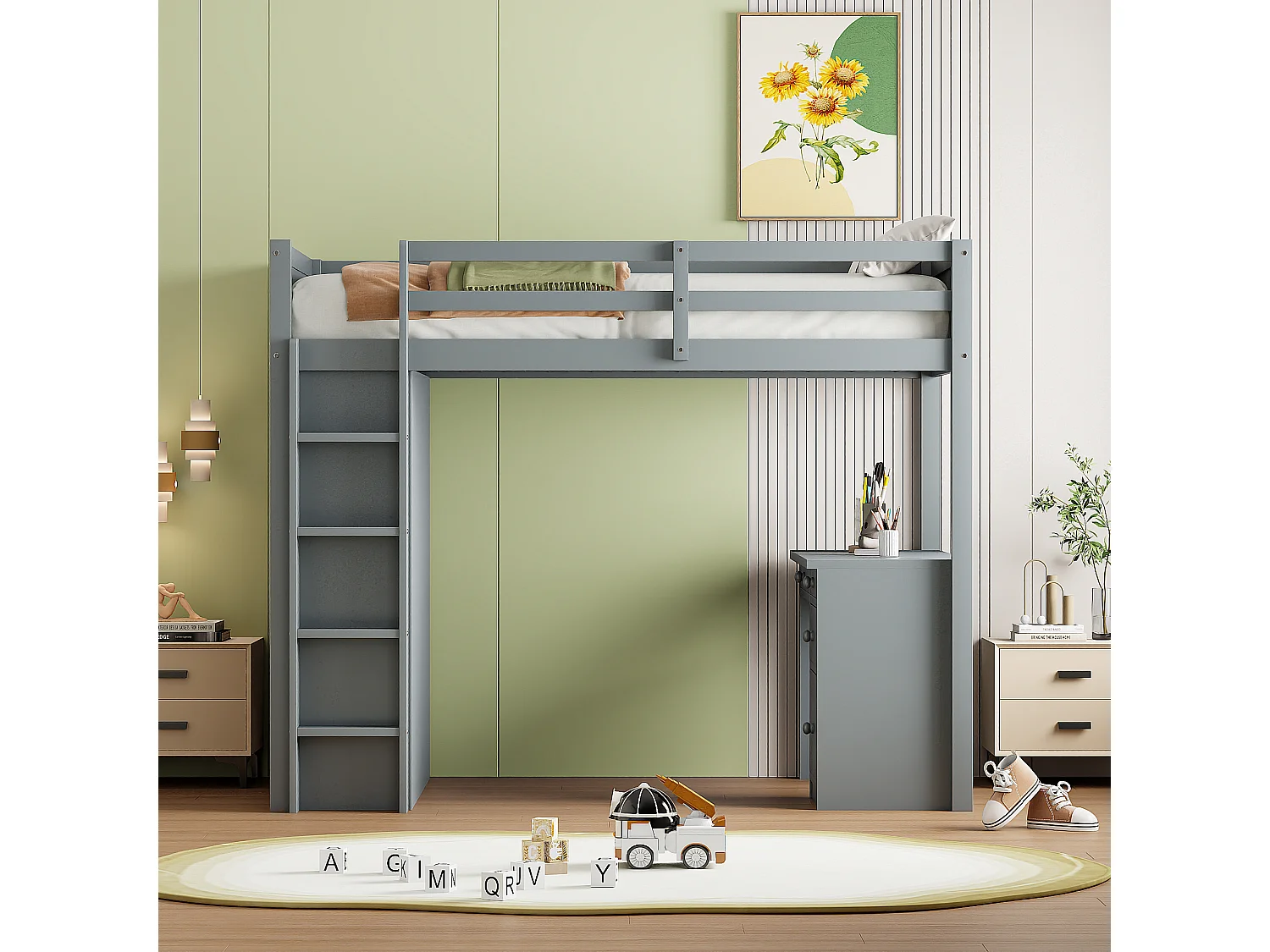 Letto a soppalco 90 x 200 cm con scrivania, ripiani portaoggetti, cassetti e scaletta, legno MDF, grigio