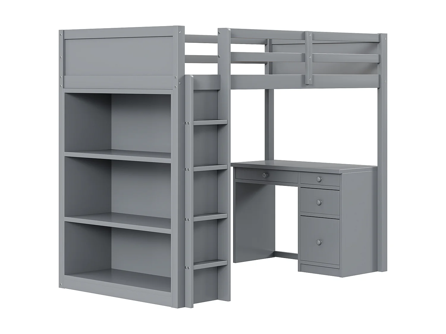 Letto a soppalco 90 x 200 cm con scrivania, ripiani portaoggetti, cassetti e scaletta, legno MDF, grigio